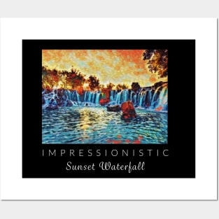 Sunset Waterfall Impressionism Posters and Art